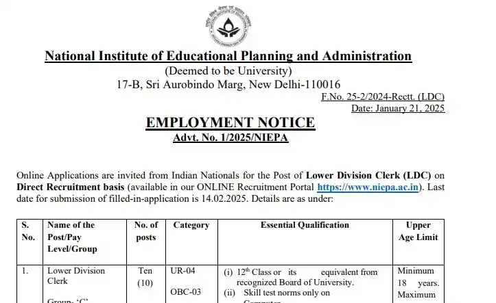 NIEPA LDC Bharti 2025