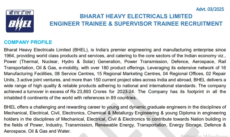 BHEL Trainee Recruitment 2025